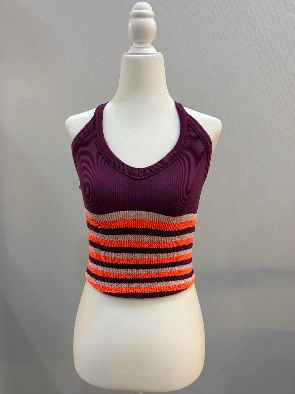 Ribbed Cropped Tank with Striped Knit Waist - Plum